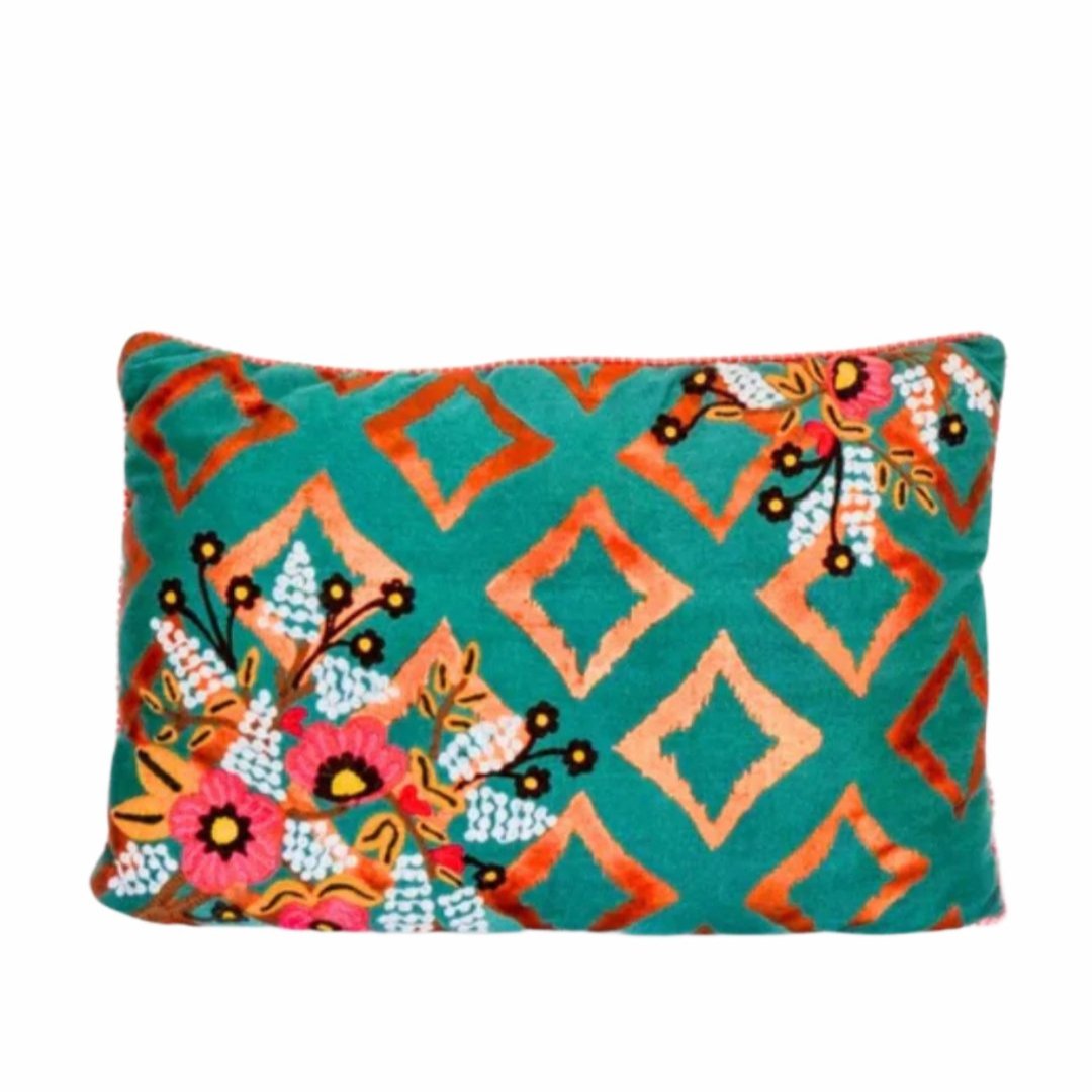 Green Cushion with Flower Embroidery