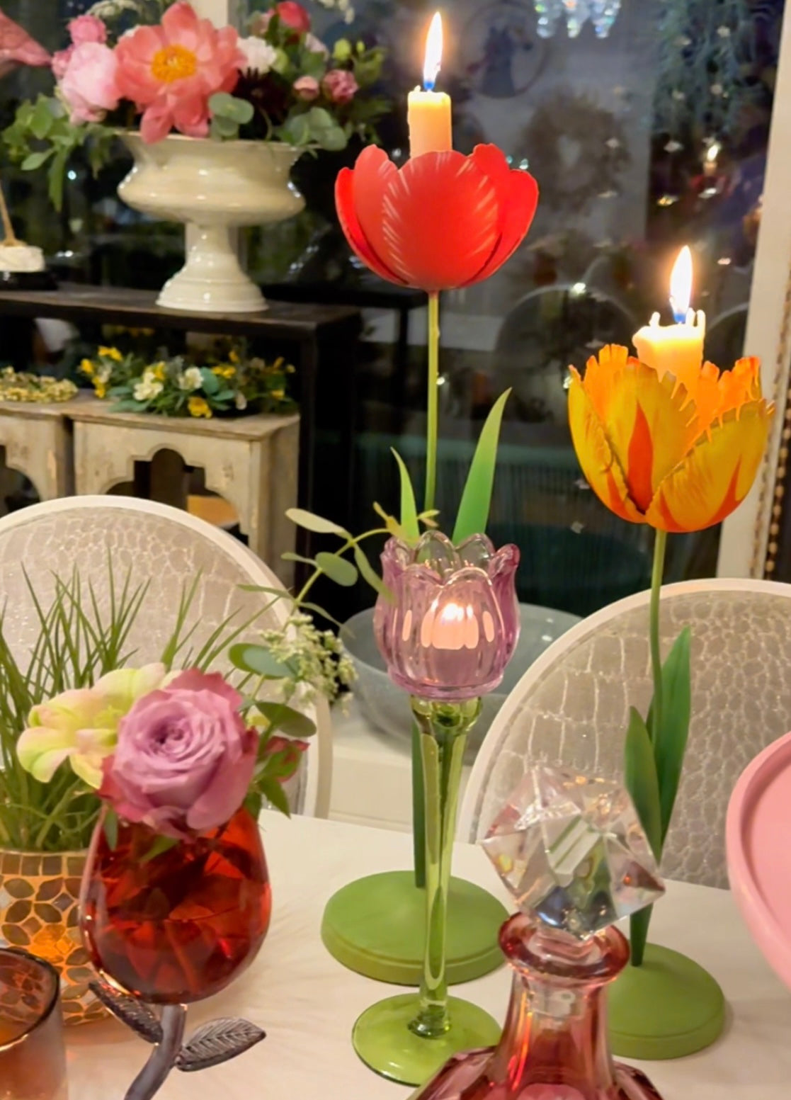 Tulip Candle Holder Red/Yellow/Glass Pink Set