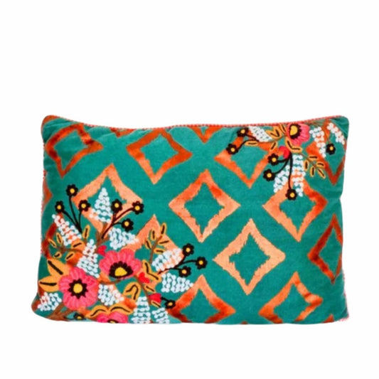 Green Cushion with Flower Embroidery