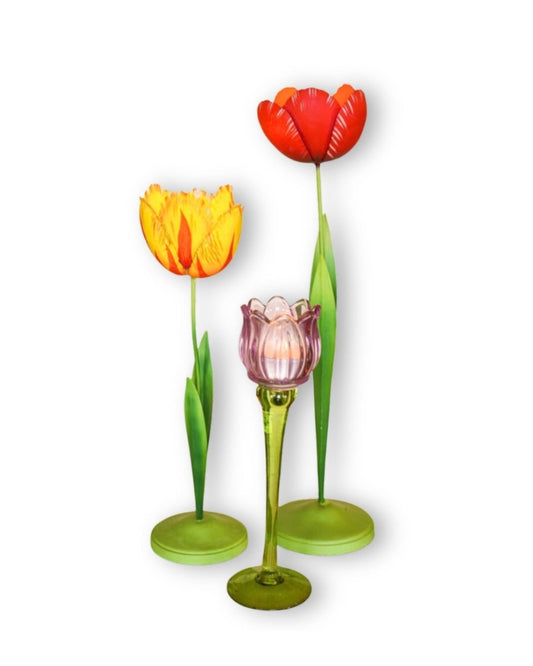 Tulip Candle Holder Red/Yellow/Glass Pink Set